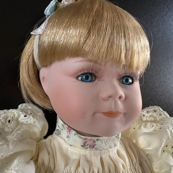 Other - 1990s porcelain doll flower linen dress blue eyes 15 inch tall girl blonde